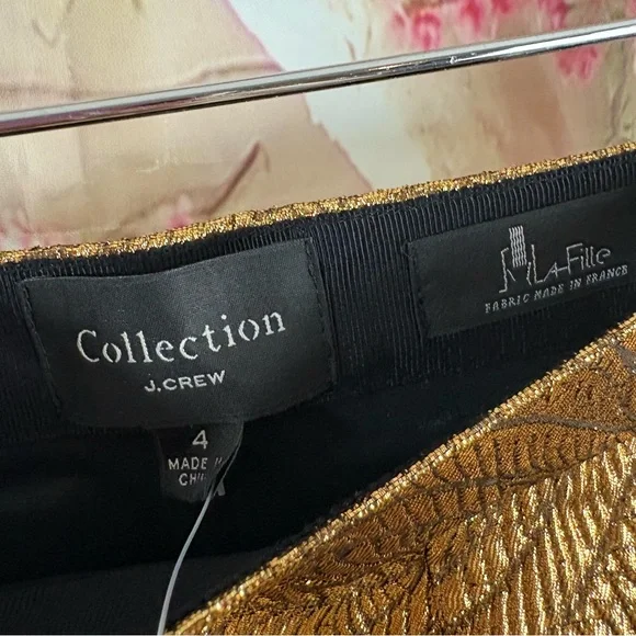 NEW J. Crew Collection high-rise cigarette pant in metallic leaf print jacquard